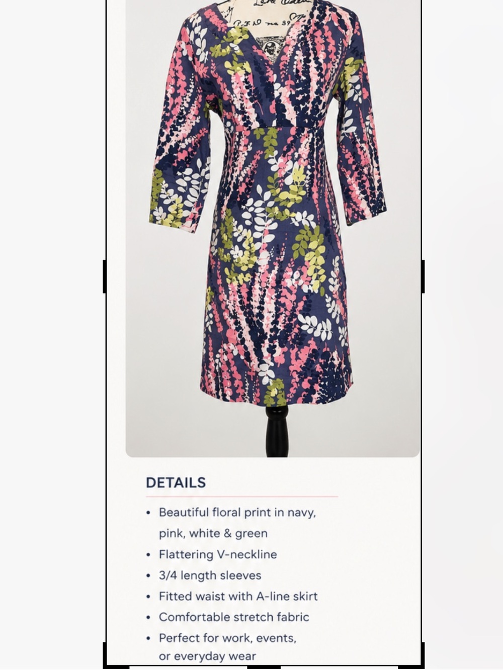 Boden- Floral Navy Women's Dress in Pink & Olive zips on the side - Picture 14 of 14